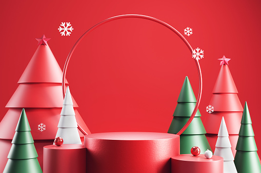 Cylinder podium and minimal abstract background for Christmas, 3d rendering geometric shape.