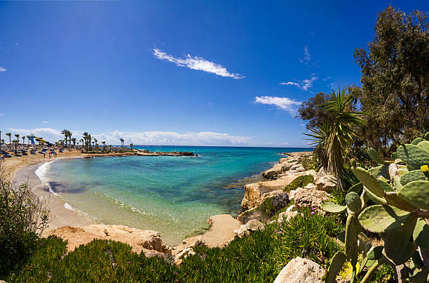 Cyprus beach panorama Ayia Napa town - Cyprus island. Beautiful sandy beach with crystal blue water. famagusta stock pictures, royalty-free photos & images