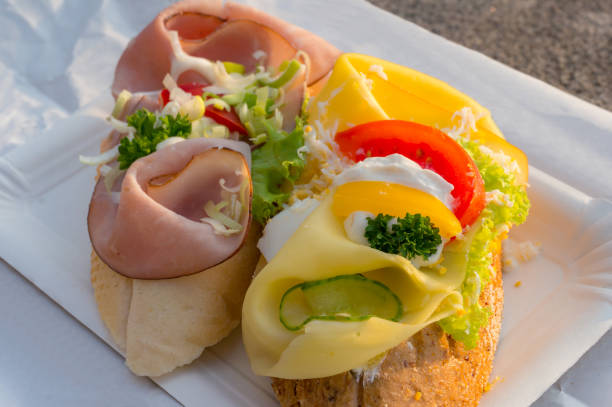 Czech cuisine open sandwiches, hlebichki close up stock photo