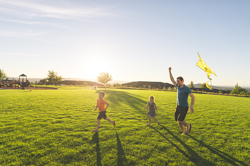 Dad and his two kids fly a kite through a grassy field on a beautiful summer day. He's helping hold it aloft while the youngest, a girl, flies it. Big brother is running in front. There is a playground in the background.