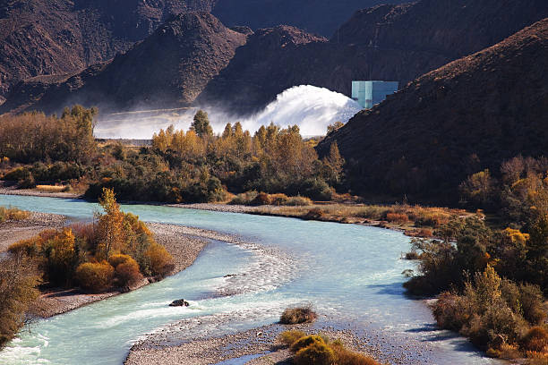 Dam on a mountain river stock photo