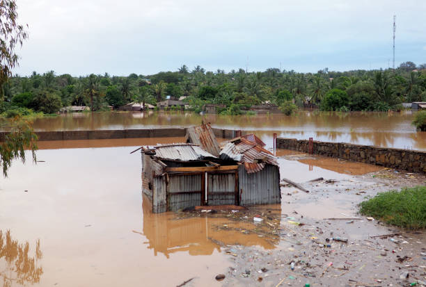 Damaged and flooded houses after Cyclone stock photo