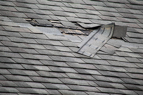 Damaged Roof Shingles A badly damaged roof with missing shingles in need of repair damaged stock pictures, royalty-free photos & images