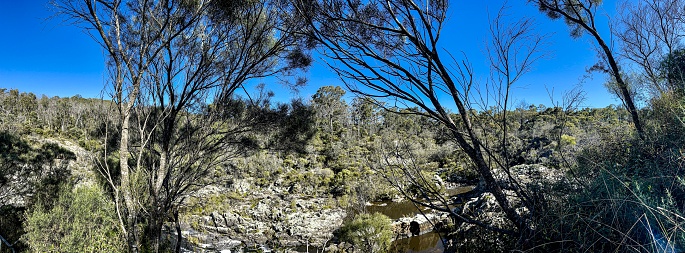 Panoramic view of trees, grasses, granite boulders and hills in the rugged landscape of World Heritage listed Dangar's Gorge on the western edge of the Oxley Wild Rivers National Park in the New England High country near Armidale NSW