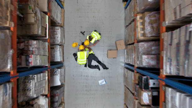 Dangerous accident during work. Warehouse aerial view stock photo