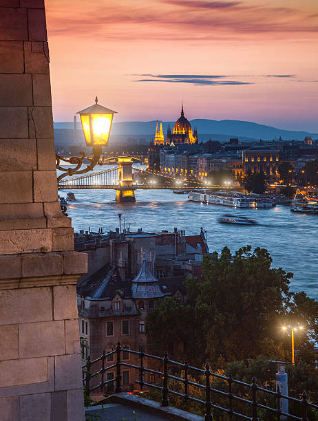 Danube river in Budapest at night stock photo