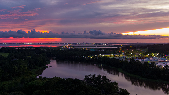 Aerial view of Daphne, Alabama and Mobile Bay at sunset