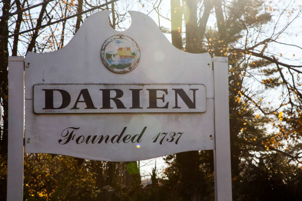 Darien town sign near Post road on border line with Stamford stock photo