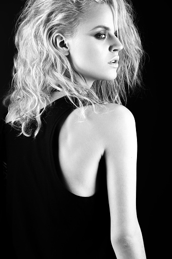 Daring Girl Model In Black Leather Dress Style Of Rock Stock Photo ...