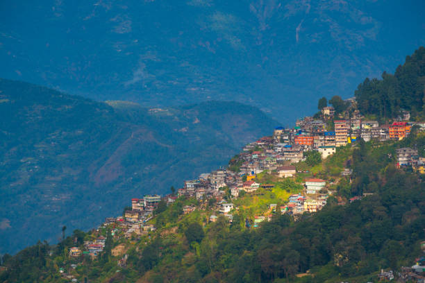 Darjeeling town view from high angle view shot stock photo