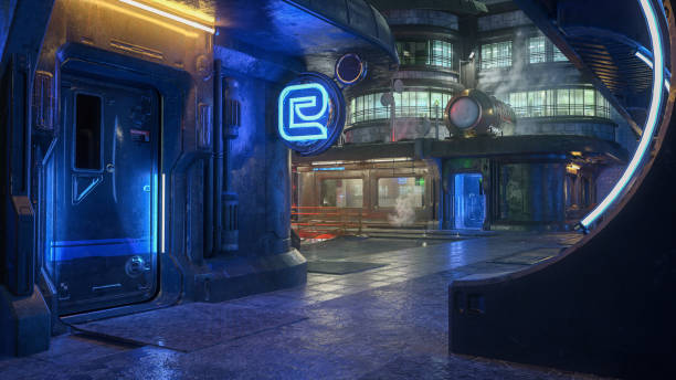Dark alleyway in a futuristic cyberpunk city at night with neon lights on the buildings. 3D rendering. stock photo