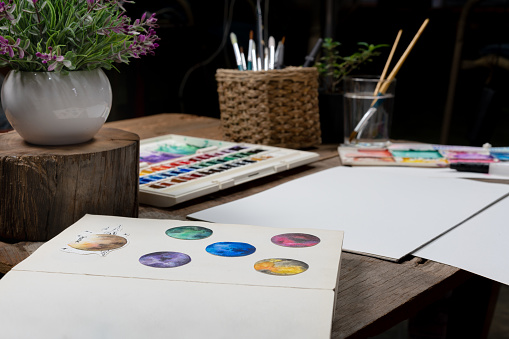 Dark Art Studio With A Wooden Work Bench And Tools And A White