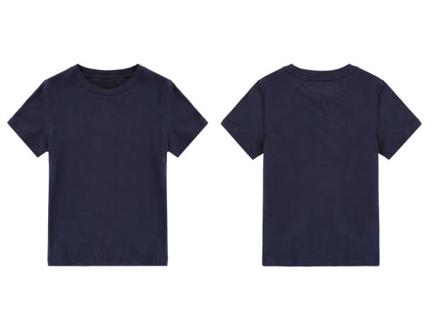 dark blue t-shirt, front and back view dark blue t-shirt, front and back view, clothes on isolated white background blank t shirt stock pictures, royalty-free photos & images