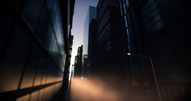 Dark City Street And Dawn Fog stock photo