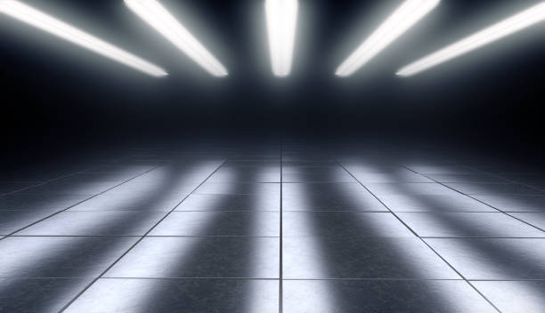 Dark empty room with reflective tiles floor and lights. 3d rendering stock photo