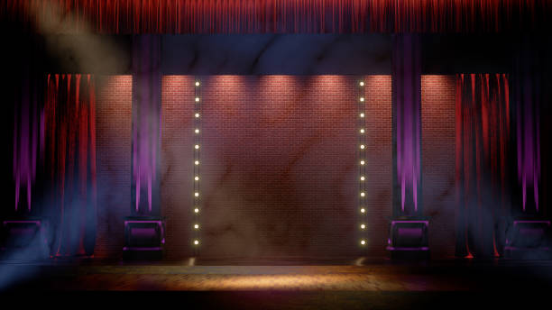 Dark empty stage with spot lights. Comedy, Standup, cabaret, night club stage 3d render Dark empty stage with spot lights. Comedy, Standup, cabaret, night club stage 3d render. stage performance space stock pictures, royalty-free photos & images