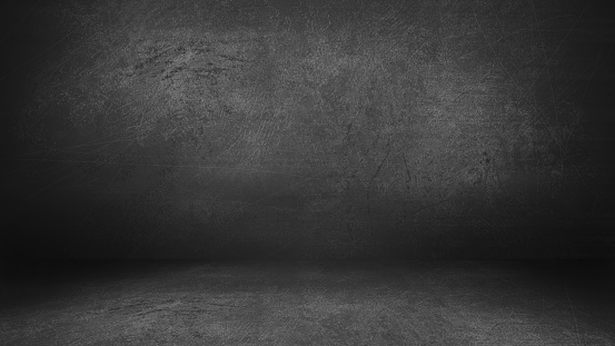 Dark Gray and Black Grunge Cement Blank Wall and Floor Studio Room Space Product Display Empty Abstract Background Template