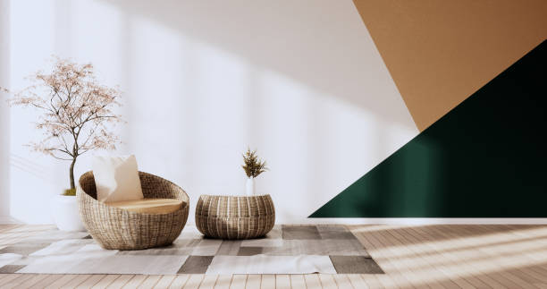 Dark Green and Brown wall on living room two tone colorful design.3D rendering stock photo