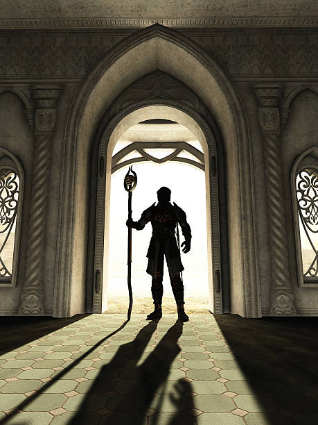 Dark Lord at the Threshold Dark Lord in skull armour standing silhouetted in a bright doorway, 3d digitally rendered illustration. armour of god stock pictures, royalty-free photos & images