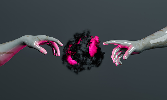 dark matter nebula with pink shades between the hands of adam's creation in marble sculpture. concept of creation of the universe, god particle and higgs boson. 3d rendering