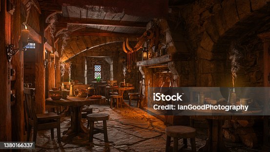 istock Dark moody medieval tavern inn interior with food and drink on tables, burning open fireplace, candles and daylight through a window. 3D illustration. 1380166337