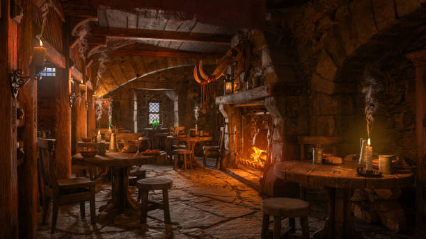 Dark moody medieval tavern inn interior with food and drink on tables, burning open fireplace, candles and daylight through a window. 3D illustration. stock photo