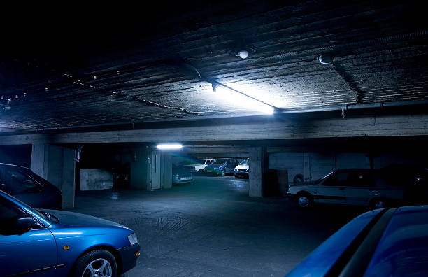 Dark old parking garage stock photo