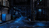 istock Dark seedy backstreet in a fantasy future cyberpunk city with moody blue tones. 3D illustration. 1380386436