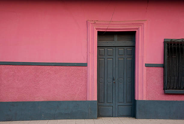 Dark wooden closed door and pink wall stock photo