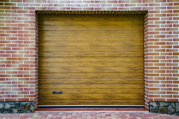 Dark Wooden Garage Door With Colored Brick Wall Background