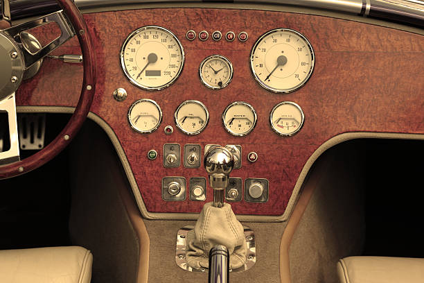 Dashboard and steering wheel of collectors car stock photo