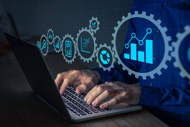Data science analyst working with statistics and report on computer. Concept with icons of charts and graph connected. Business analytics consultant analyzing metrics and key performance indicators stock photo
