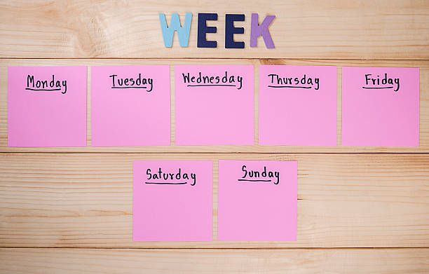 Day in the week 5 Name of 7 days in paper note on wood background week stock pictures, royalty-free photos & images