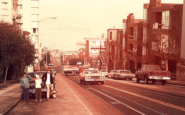 A day in vintage San Francisco Vintage image of a mother and her children on the streets inSan Francisco in seventies/eighties of the 20th century. street photos stock pictures, royalty-free photos & images