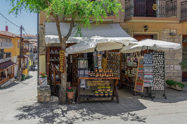 Day summer view of local gift shops without customers at Athytos village, Kassandra peninsula. stock photo