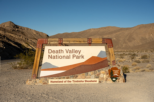 Death Valley National Park, United States: February 17, 2021: Death Valley National Park Sign Straight On at the entrance to the large park