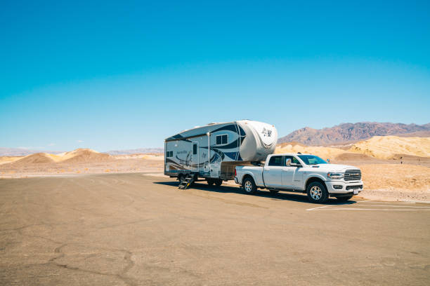 Death Valley road trip, camper trailer in desert. Harmony Borax works viewpoint. stock photo
