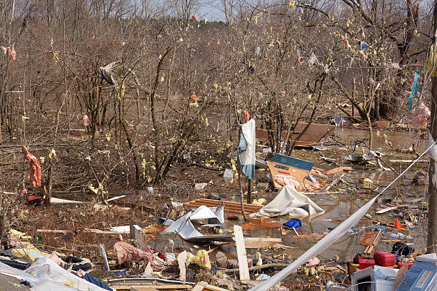 Debris From a Home Damaged by an F2 Tornado. stock photo
