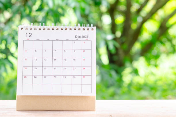 December month, Calendar desk 2022 for organizer to planning and reminder on wooden table with green nature background. stock photo