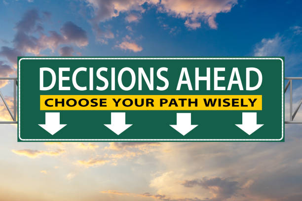 Decisions Ahead, Choose Your Path Wisely, illustration freeway green sign stock photo