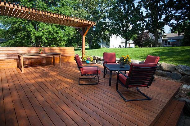 Deck and Pergola Backyard deck and pergola landscaping. house   neighborhood  wood stock pictures, royalty-free photos & images