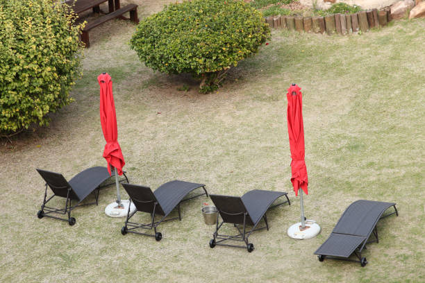 sillas de terraza en un césped verde en un complejo vacacional. - south africa covid fotografías e imágenes de stock