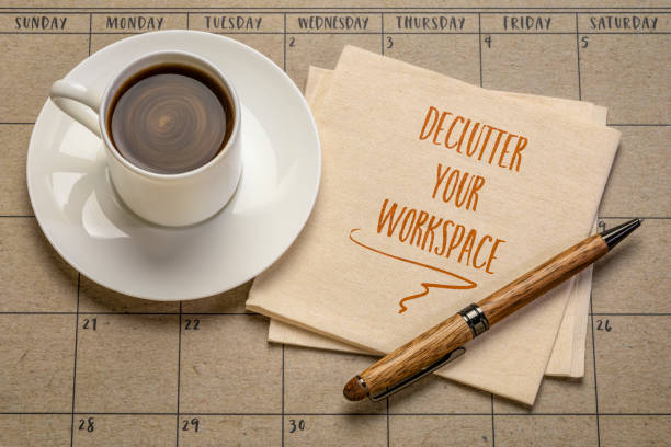 declutter your workspace, productivity concept stock photo