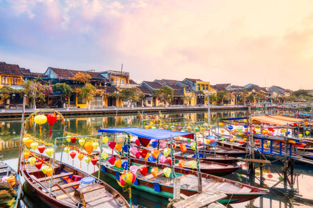 Decorated Boats on the River, Hoi An, Vietnam stock photo