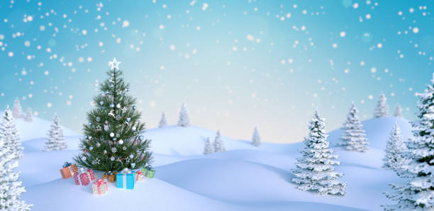 Decorated Christmas tree and gifts outdoors falling snow 3d render stock photo