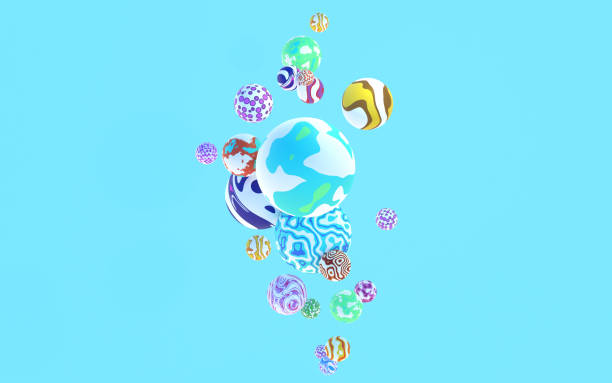 Decorative Balls and Globe Floating on Blue Background Decorative colorful balls and globe are floating on yellow background. Lifestyle and fun concepts. Easy to crop for all print and social media sizes. Copy space. cool blue world stock pictures, royalty-free photos & images