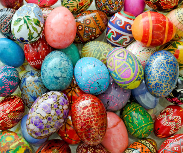 decorative multicolored Easter eggs - Easter home decoration stock photo