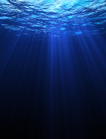 Underwater cave with submarine, sea, exploration. 3D render.