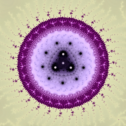 Purple and yellow / beige combine in this elegant deep. deep fractal zoom within a Mandelbrot mathematical landscape. The magnification is a billion times a billion, nine times over. The overall circular design is emphasised by the colouring, and each \