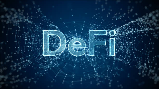 DeFi Decentralized finance is a blockchain-based form of finance not rely on central financial intermediaries, Technology future digital money exchange background. 3D Rendering stock photo